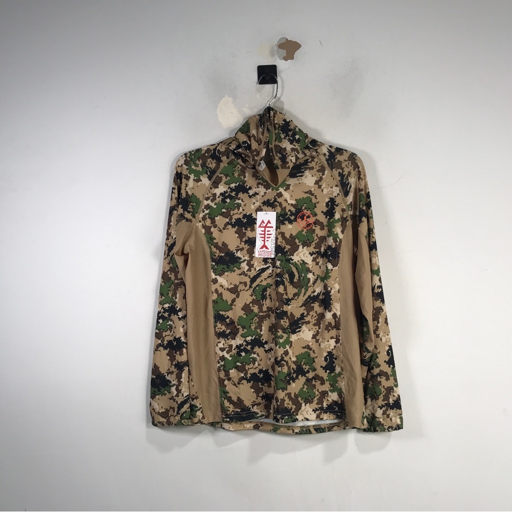 Bassdash UPF 50+ Hooded Hunting Shirt w/Neck Gaiter, Boy's Size XL - Tan/Camo